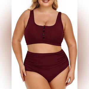 New - Summer Mae Burgundy Ribbed High Waisted Bikini Set